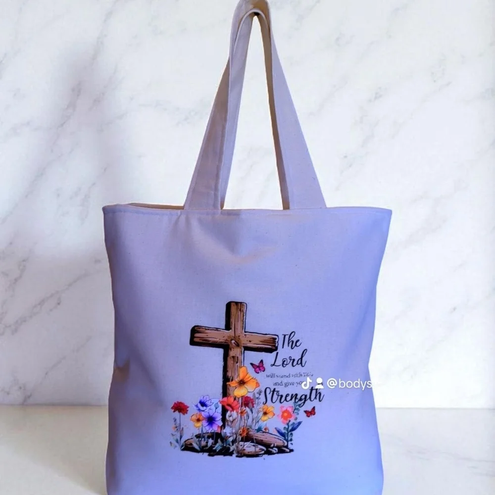 Inspirational Lavender Tote with Floral Cross